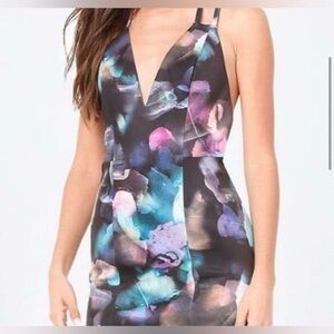 bebe double strap print dress XS purple black bodycon